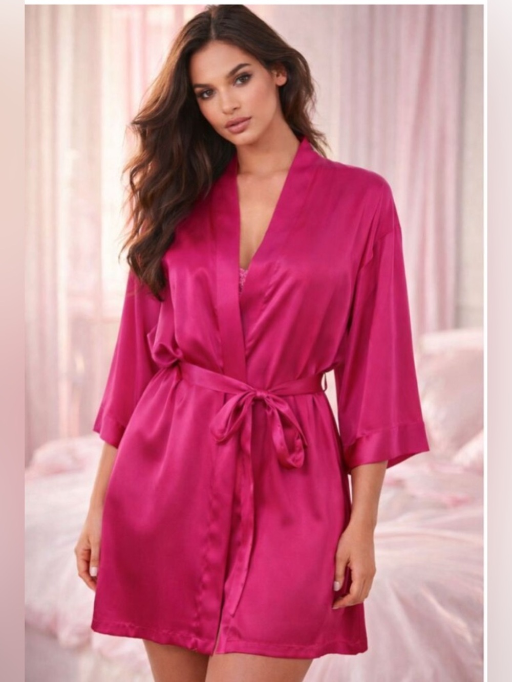 Victoria's Secret Hot Pink Satin Kimono Robe with Tie